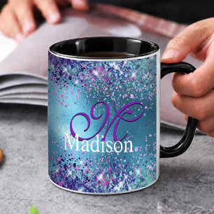 Taza Monograma brillante iridiscente azul chic rosa