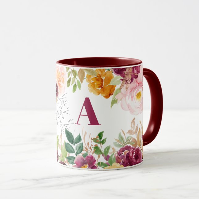 Taza Monograma burdeos floral elegante y elegante (Anverso derecho)