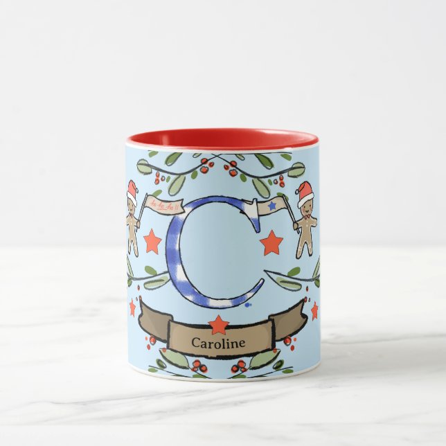 Taza Monograma "C" de Navidades retro curados con nombr (Centro)
