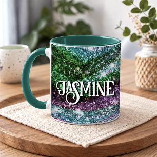 Taza Monograma caprichosa ondulada verde rosa con brill