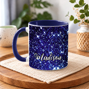 Taza Monograma caprichoso iridiscente azul con brillo