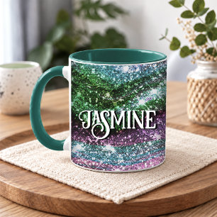 Taza Monograma caprichoso ondulado rosa verde Brillante