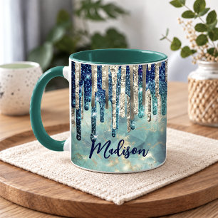 Taza Monograma chic con gotas de brillo de oro y turque