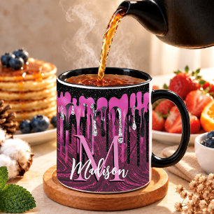 Taza Monograma chic con gotas de brillo rosa negro