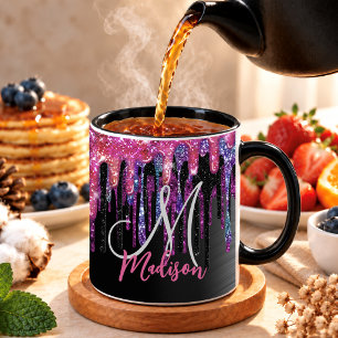 Taza Monograma chic con gotas de negro, rosa y azul
