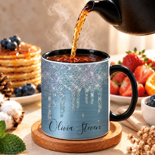 Taza Monograma chic de brillo goteante de aqua azul hie