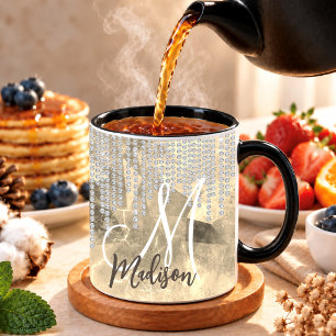 Taza Monograma chic de oro y plata con gotas de strass