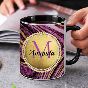 Taza Monograma chic de purpurina de mármol rosa dorado