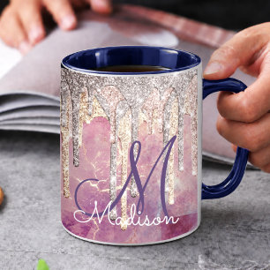 Taza Monograma chic rosa con destellos rosados que gote