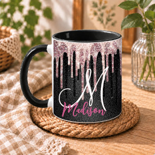 Taza Monograma chic rosa rubor negro goteando