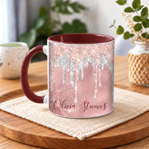 Taza Monograma chic rosa rubor plateado que gotea