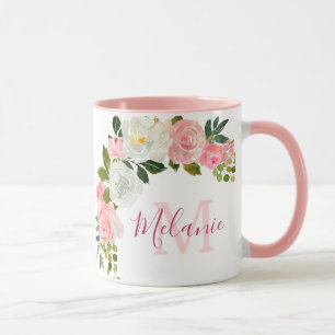 Taza Monograma con el nombre de rosas blancas y rosas r