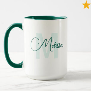 Taza Monograma Cursivo Moderno Verde Blanco con Nombre 