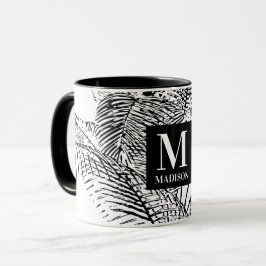 Taza Monograma de abstrato blanco y negro con hojas de 