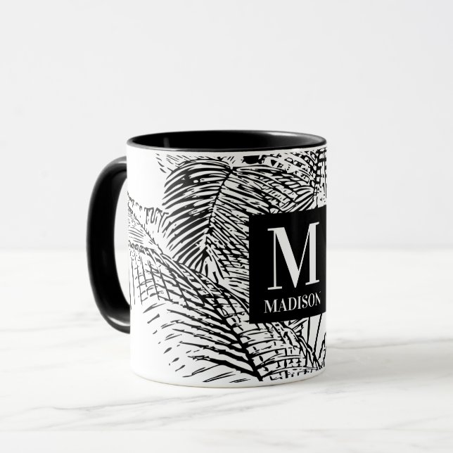 Taza Monograma de abstrato blanco y negro con hojas de  (Anverso izquierdo)