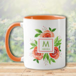 Taza Monograma de acuarela de moda para Rosas de coral<br><div class="desc">Esta hermosa taza cuenta con un hermoso melocotón de color acuático para los rosas de coral vivos, hojas y brotes. Marco blanco cuadrado con una plaza de coral viva en el centro de las flores. También disponible en otros tamaños y estilos. CAMBIAR EL COLOR del cuadrado de coral, el tipo...</div>