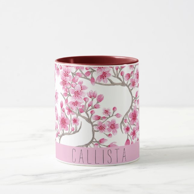 Taza Monograma de acuarela floral con flores de cerezo  (Centro)