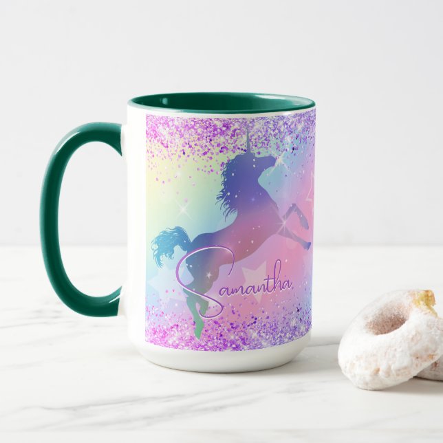 Taza Monograma de arte de arcoiris Purpurina rosa de un (Con donut)