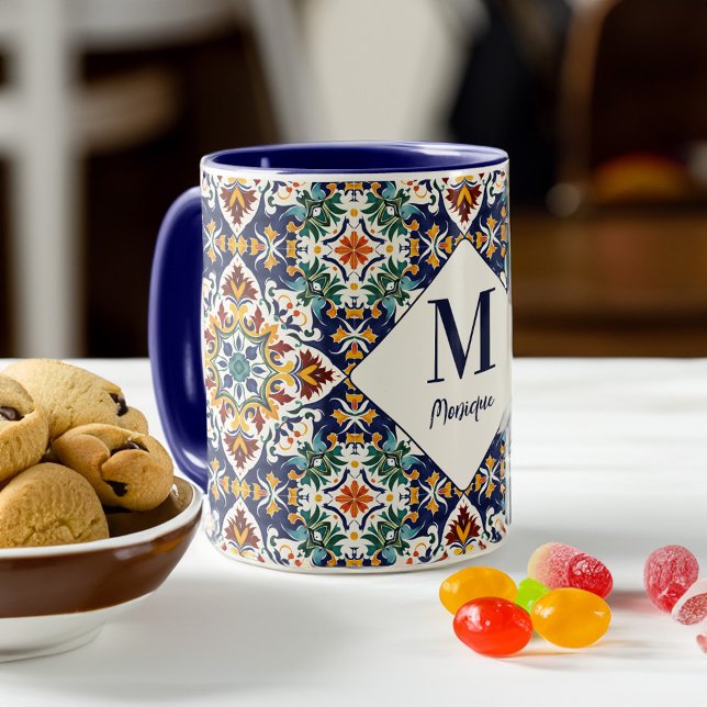 Taza monograma de azulejo mediterráneo turco (Mediterranean azulejo Turkish Persian tiles monogram Mug personalized name gifts bridal party favors)