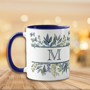 Taza Monograma de borde de hojas azules índigo
