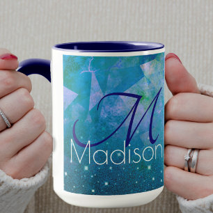 Taza Monograma de brillo con ombre azul rosa chic