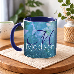 Taza Monograma de brillo con ombre azul rosa chic