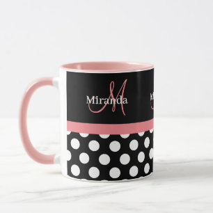Taza Monograma de café con polka blanco rosado negro