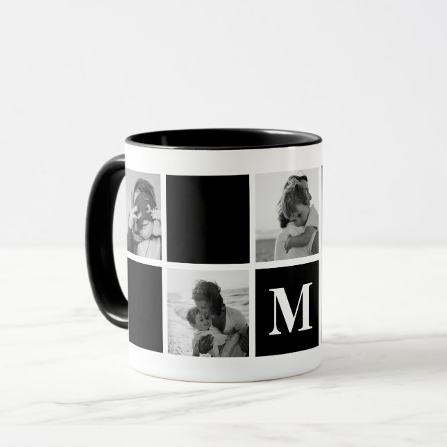 Taza Monograma de collage de fotos negro y blanco (Anverso izquierdo)