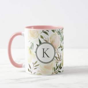 Taza Monograma de color blanco de vainilla floral román