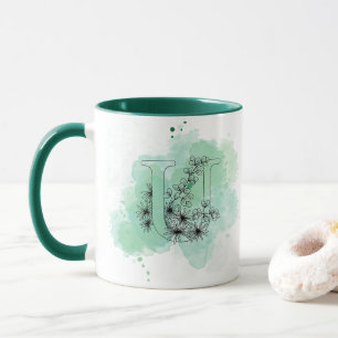 Taza Monograma de color de agua inicial U Verde Botánic