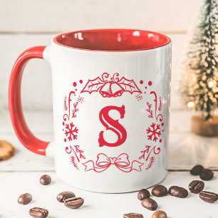 Taza Monograma de Corona de Navidad Rojo Invernal Fiest