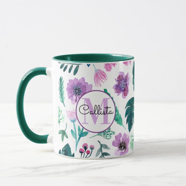Taza Monograma de Flores de acuarela tropical Violet Hu (Izquierda)