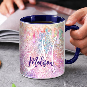 Taza Monograma de goteo de brillo falso rosa unicornio 