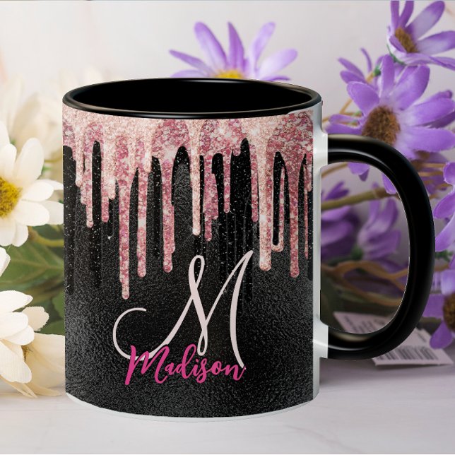Taza monograma de goteo negro de rosa de moda (Subido por el creador)