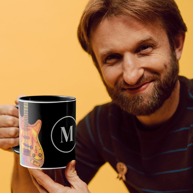 Taza Monograma de guitarra eléctrica colorida (Colorful electric guitar monogram coffee mug for guitar player musicians black and gray for him )