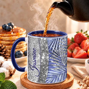 Taza Monograma de hojas con brillo plateado azul púrpur