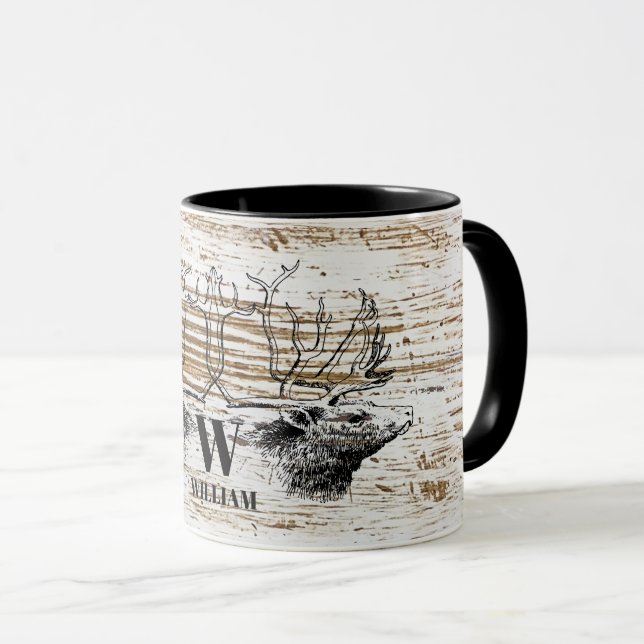 Taza Monograma de la madera rústica de los ciervos (Anverso derecho)