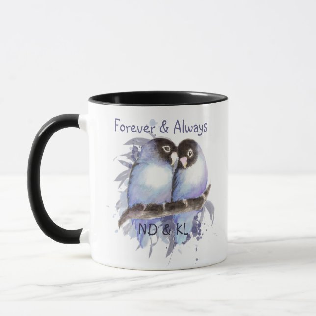 Taza Monograma de la pareja de Bodas de Lovebirds (Izquierda)