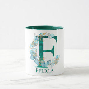 Taza Monograma de letra F en acuarela azul verde y dora