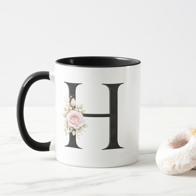 Taza Monograma de letra H floral | Logotipo inicial ele (Con donut)