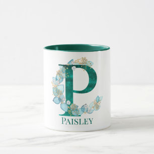Taza Monograma de letra P en acuarela azul verdoso y do