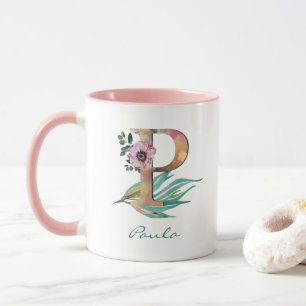 Taza Monograma de letra P floral personalizada con foll
