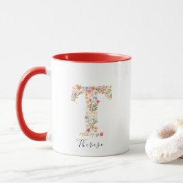 Taza Monograma de letra T en acuarela floral y nombre p