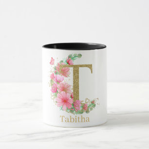 Taza Monograma de letra T floral y dorada en acuarela
