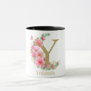 Taza Monograma de letra Y floral y dorada en acuarela