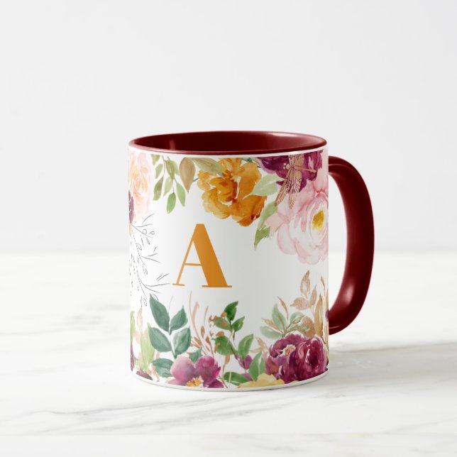 Taza Monograma de naranja elegante floral acuarela (Anverso derecho)