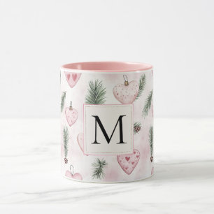 Taza Monograma de Navidad de Corazones Rosa Rojizo