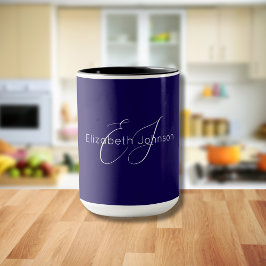 Taza monograma de nombre minimalista clásico azul y bla