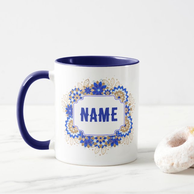 Taza Monograma de nombre personalizado de Blue Namaste (Con donut)