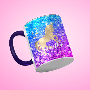 Taza Monograma de oro de arcoiris Purpurina rosa unicor